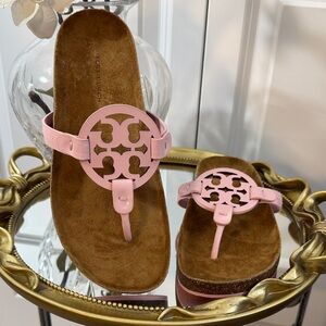Tory Burch Pink Logo Thong Sandals with Brown Suede Footbed